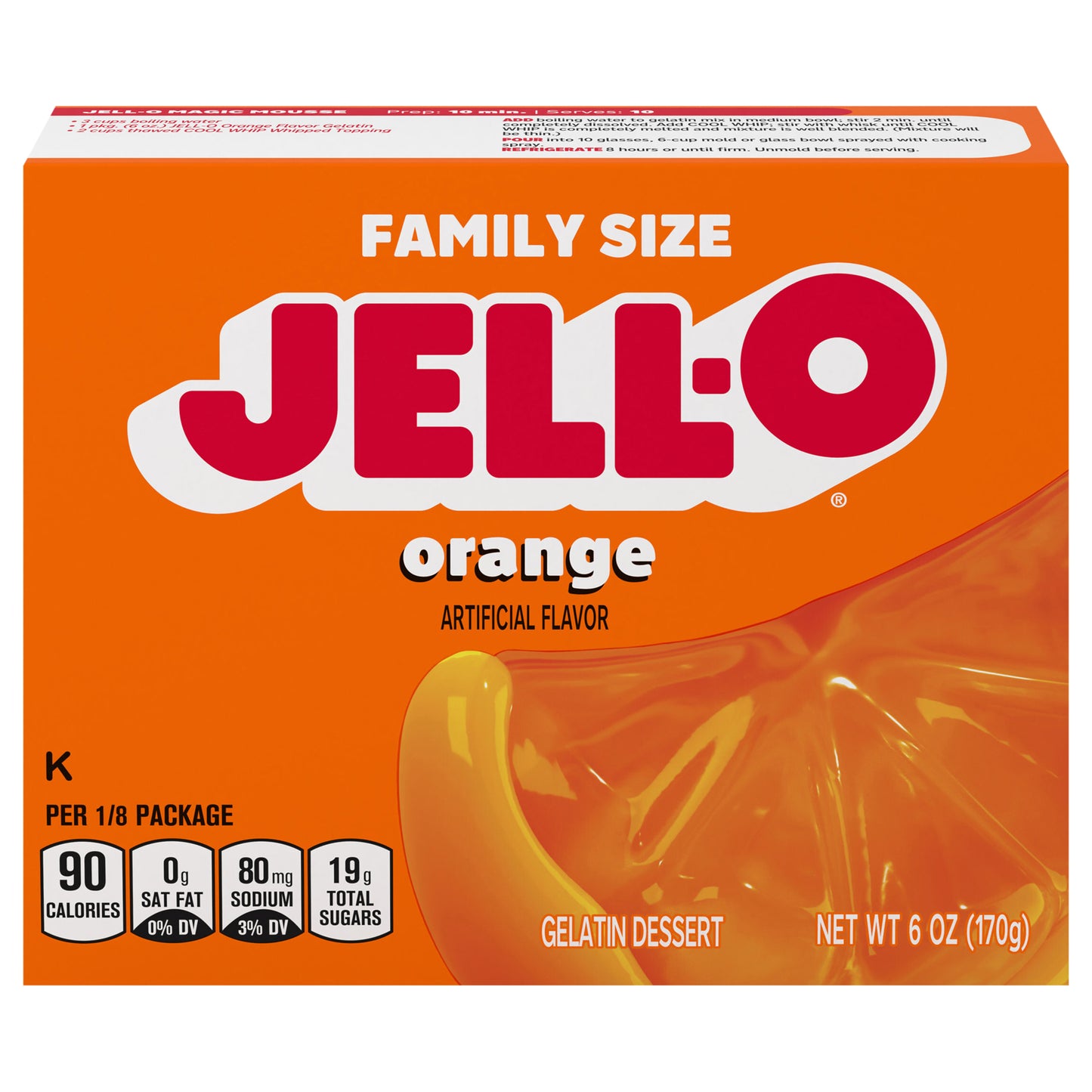 Jell-O Orange Artificially Flavored Gelatin Dessert Mix, Family Size, 6 oz Box