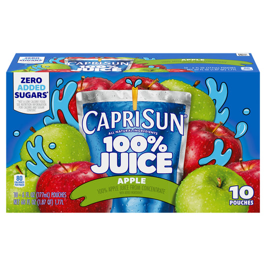 Capri Sun 100% Juice Apple All-Natural Juice from Concentrate with added ingredients, 10 ct Box, 6 fl oz Pouches