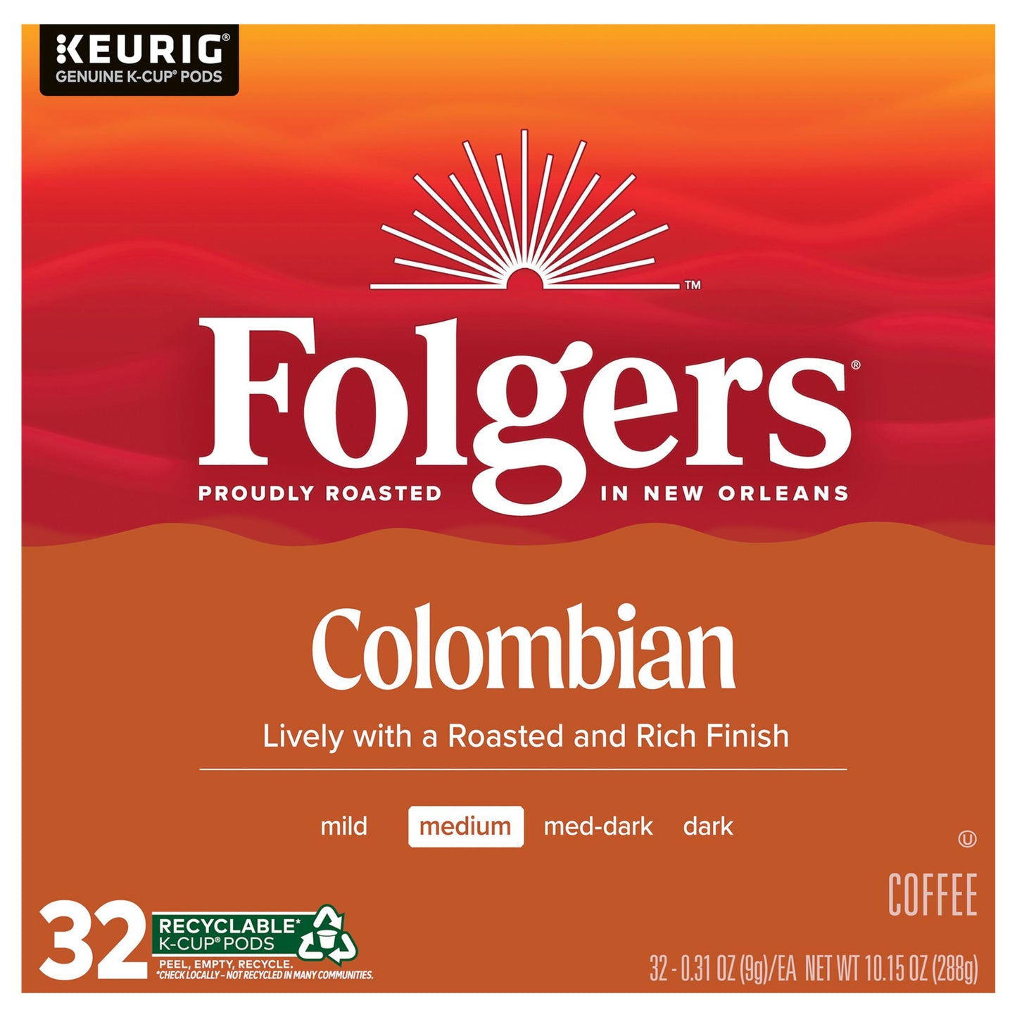 Folgers Colombian Coffee, Medium Roast, Keurig K-Cup Pods, 32 Count Box