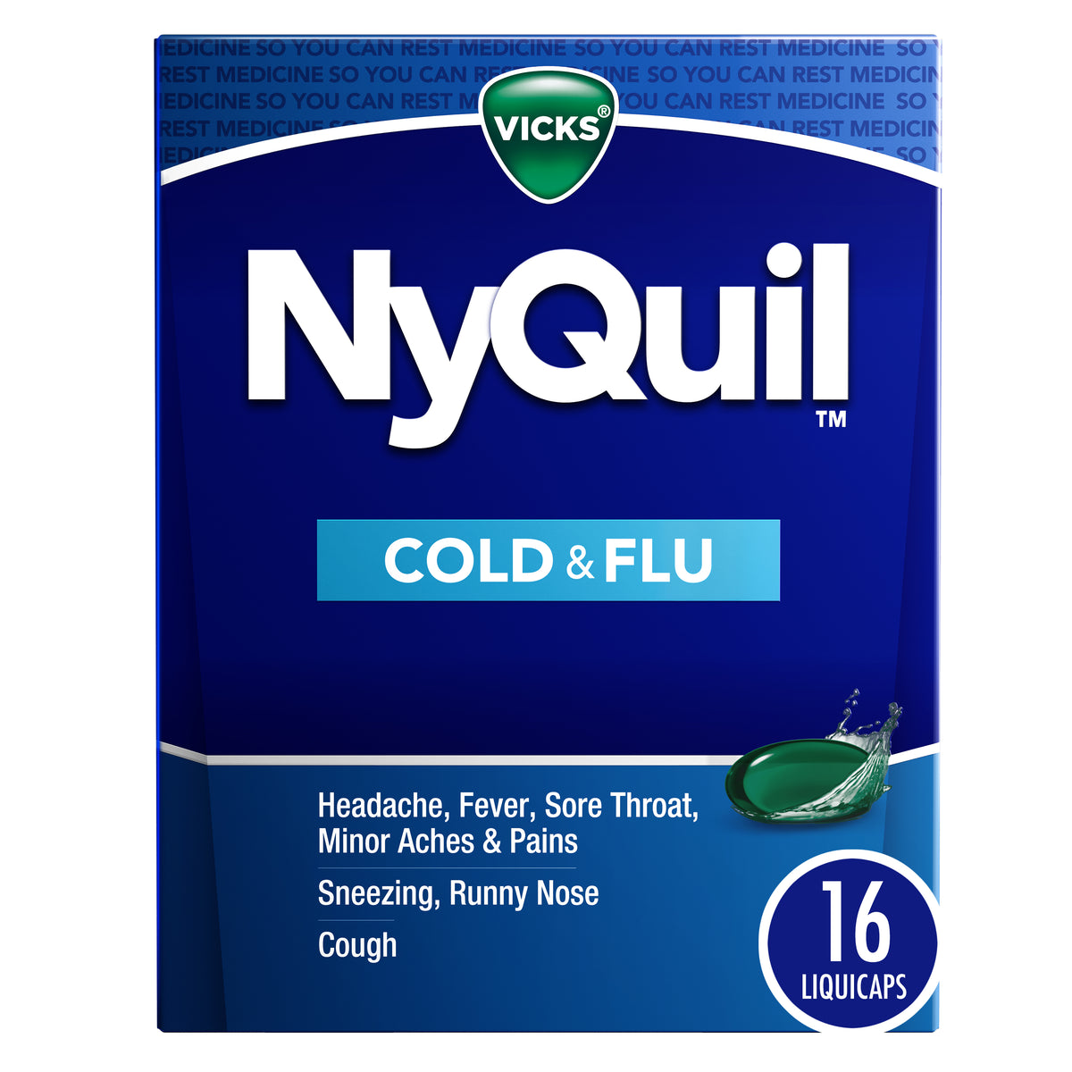 Vicks NyQuil Cold and Flu Relief Liquid Medicine, Powerful Multi-Symptom Nighttime Relief for Headache, Fever, Sore Throat, Minor Aches and Pains, Sneezing, Runny Nose, and Cough, 16 Liquicaps