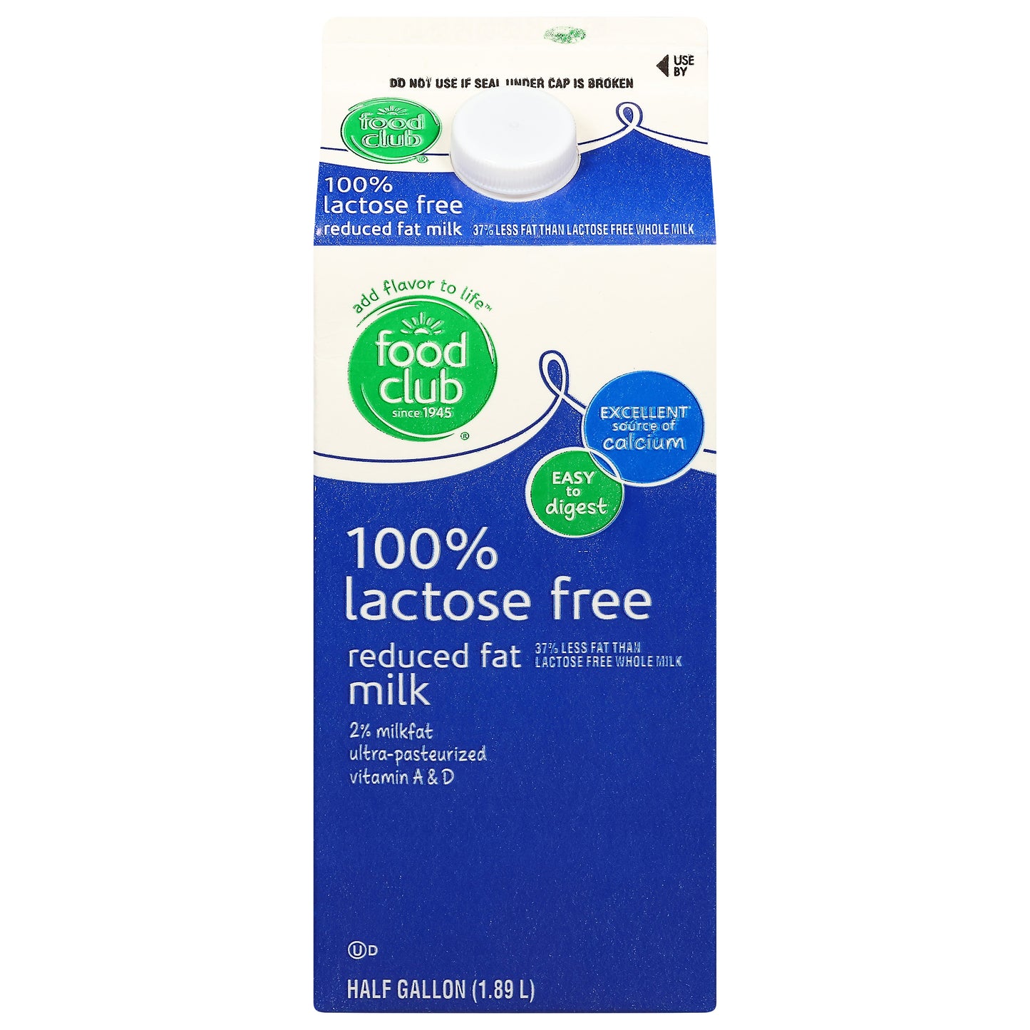 Food Club Reduced Fat 100% Lactose Free Milk 0.5 gal