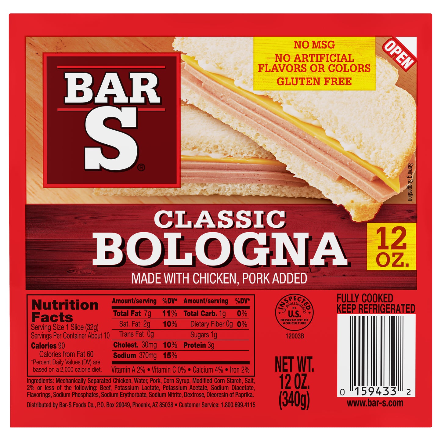 Bar-S Classic Bologna Sliced Deli-Style Lunch Meat, 10 Slices Per Package, 12 Ounce Pack
