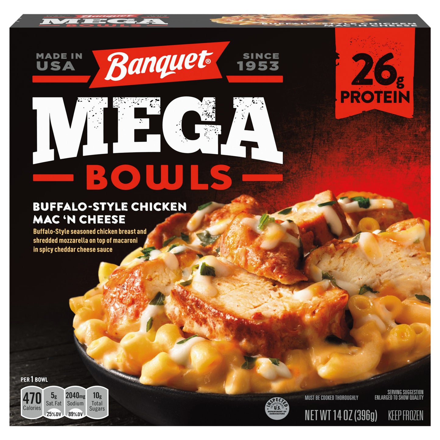 Banquet Mega Bowls Buffalo-Style Chicken Mac 'N Cheese, Frozen Meal, 14 OZ