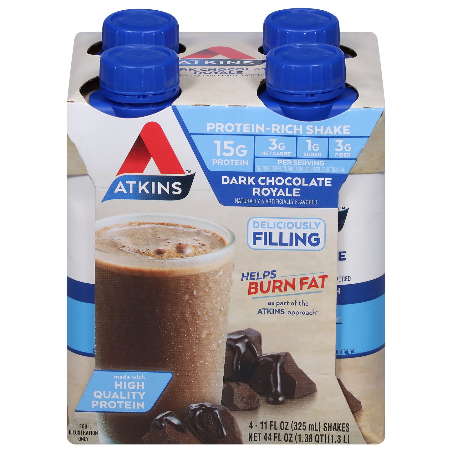 Atkins Dark Chocolate Royale Protein Shake, High Protein, Low Glycemic, Low Carb, Low Sugar, Keto Friendly, 4 Count