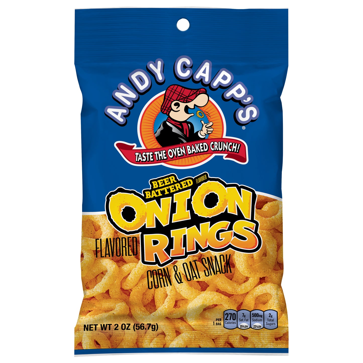 Andy Capp's Beer Battered Onion Rings Baked Oat and Corn Snacks, 2 oz.