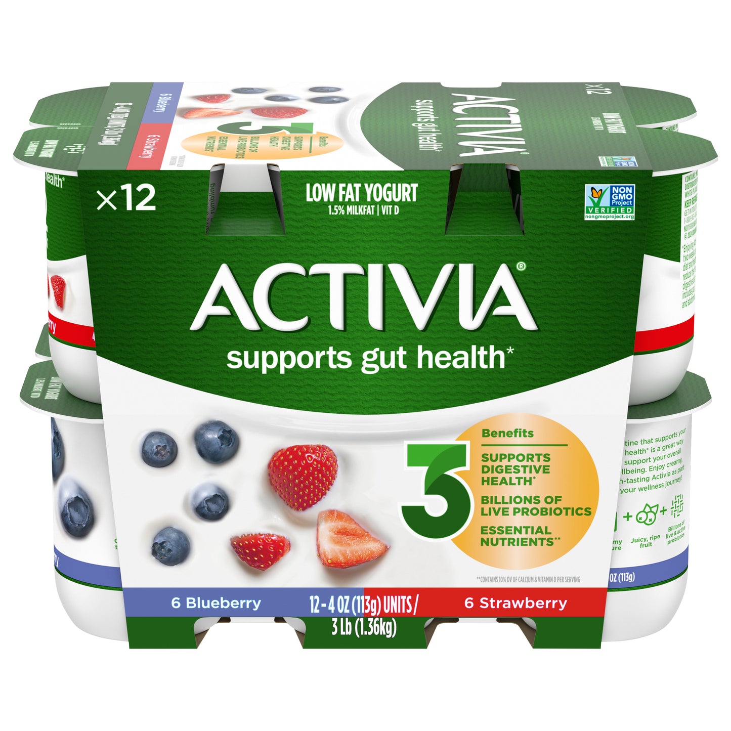 Activia Strawberry and Blueberry Probiotic Yogurt, Lowfat Yogurt Cups, 4 OZ, 12 CT