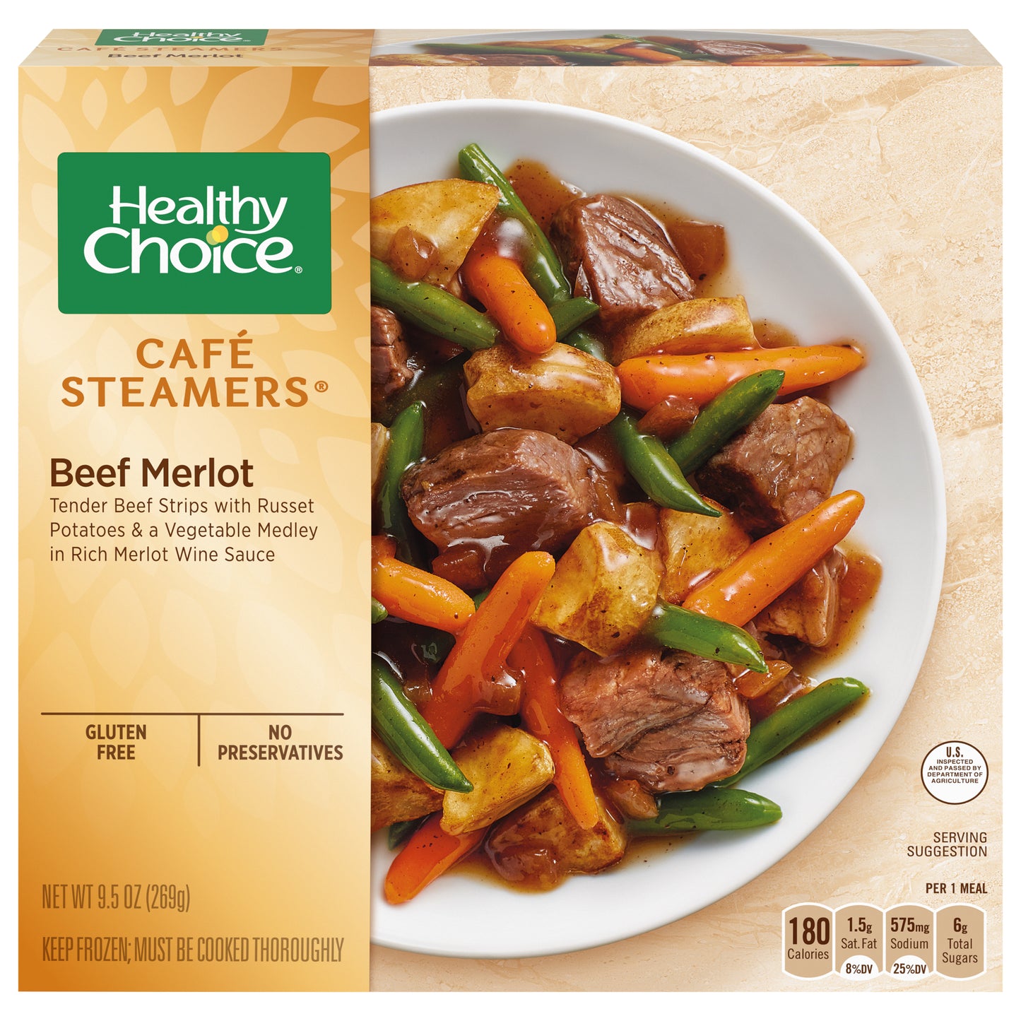 Healthy Choice Cafe Steamers Beef Merlot, Frozen Meal, 9.5 OZ