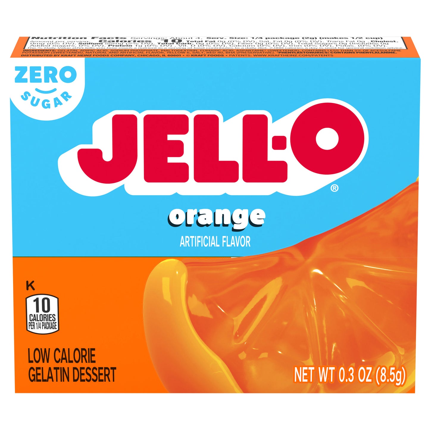 Jell-O Orange Artificially Flavored Zero Sugar Low Calorie Gelatin Dessert Mix, 0.3 oz Box