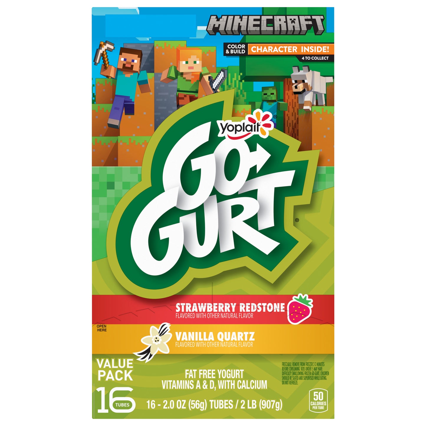 Go-GURT Minecraft Strawberry Redstone and Vanilla Quartz Kids Fat Free Yogurt Variety Pack, Gluten Free, 2 oz Yogurt Tubes (16 Count)