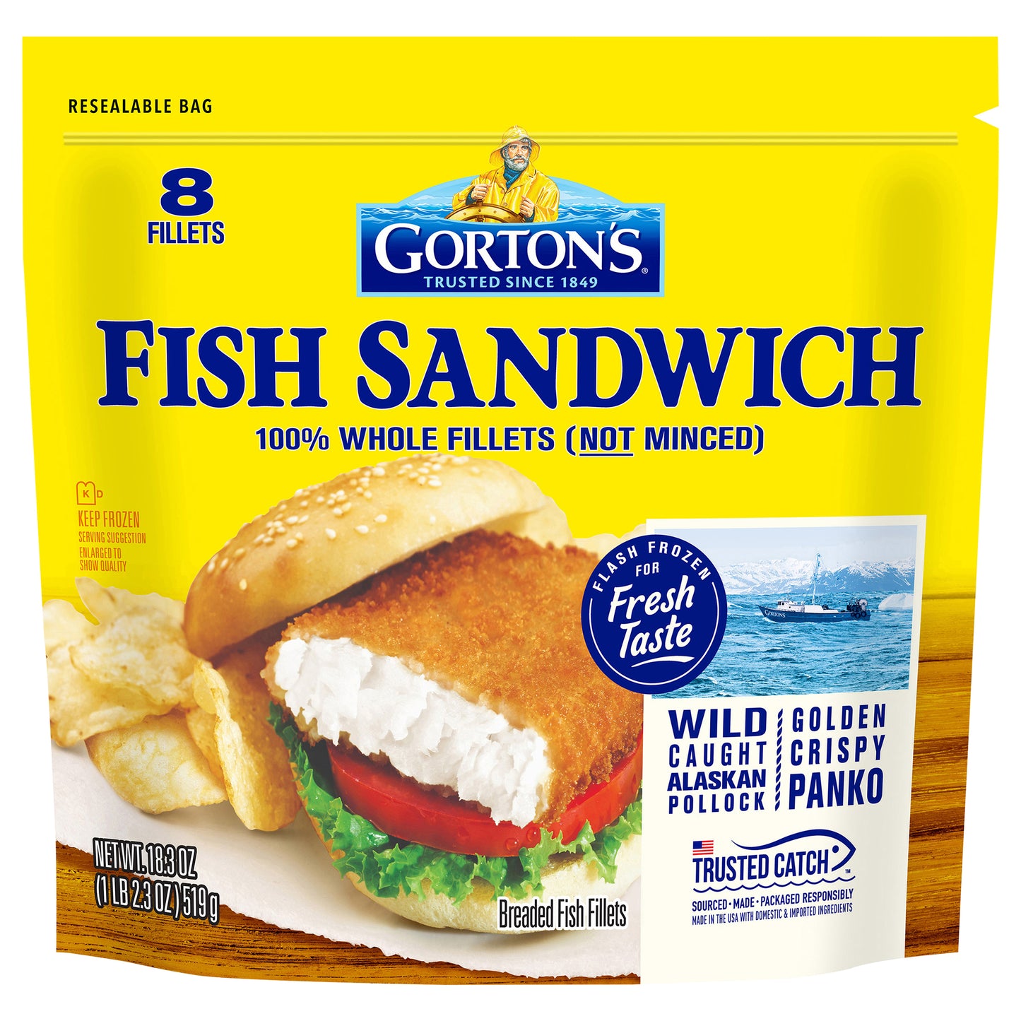 Gorton’s Breaded Fish Sandwich Cut from 100% Whole Fillets, Wild Caught Alaskan Pollock, Frozen, 8 Count, 18.3 Ounce Resealable Bag