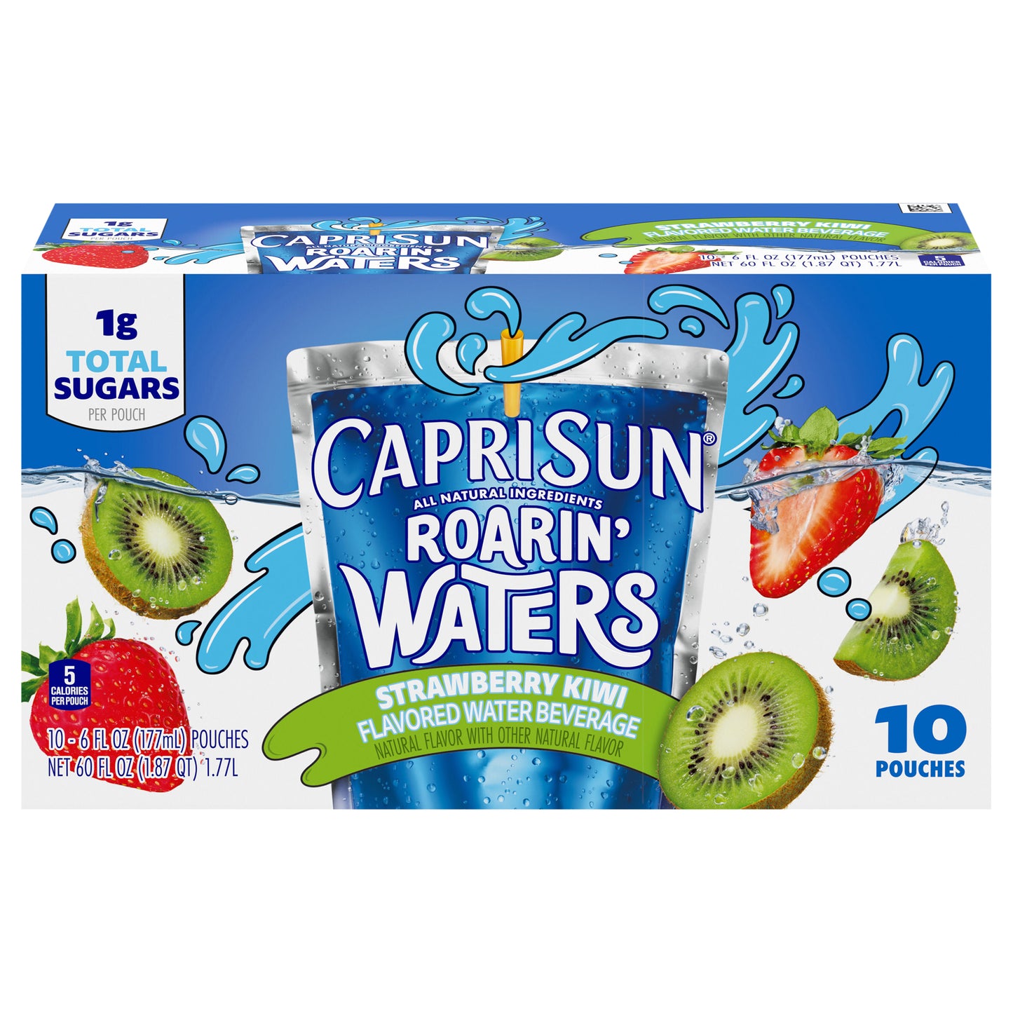 Capri Sun Roarin' Waters Strawberry Kiwi Flavored with other natural flavors Water Beverage, 10 ct Box, 6 fl oz Drink Pouches