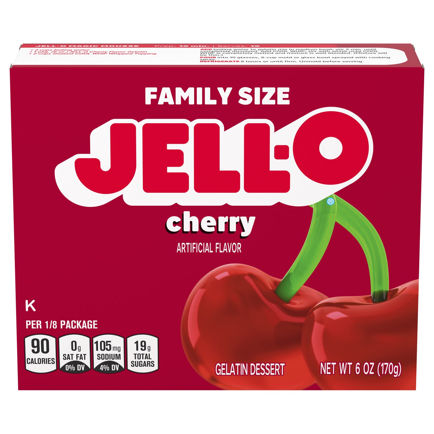 Jell-O Cherry Artificially Flavored Gelatin Dessert Mix, Family Size, 6 oz Box