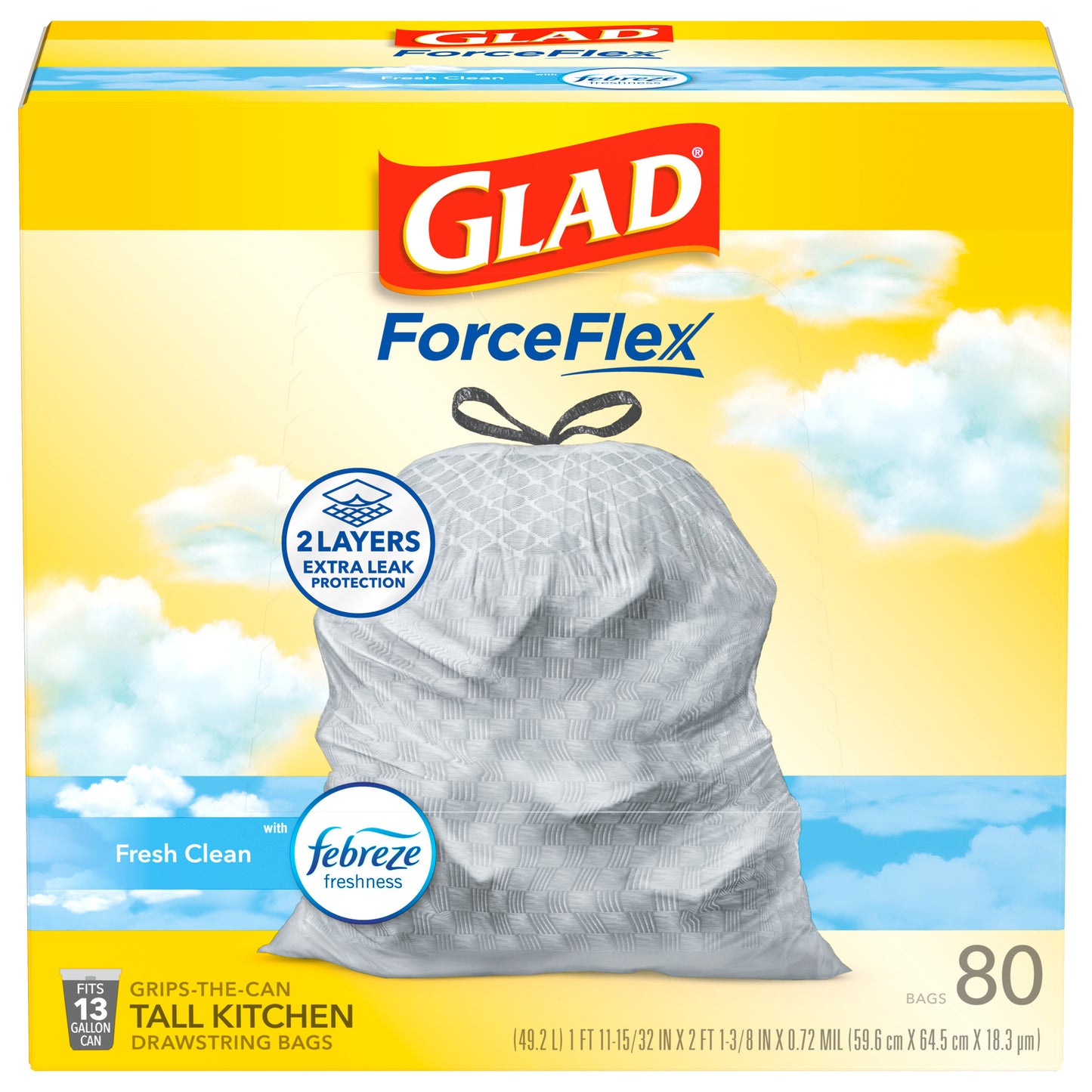 Glad Force Flex Drawstring Fresh Clean Odor Shield 13 Gallon 80ct
