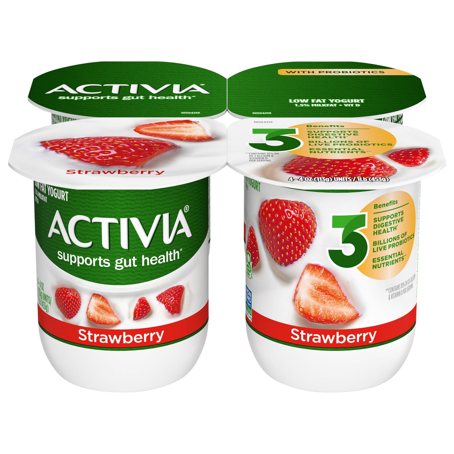 Activia Strawberry Probiotic Yogurt, Lowfat Yogurt Cups, 4 OZ, 4 Ct
