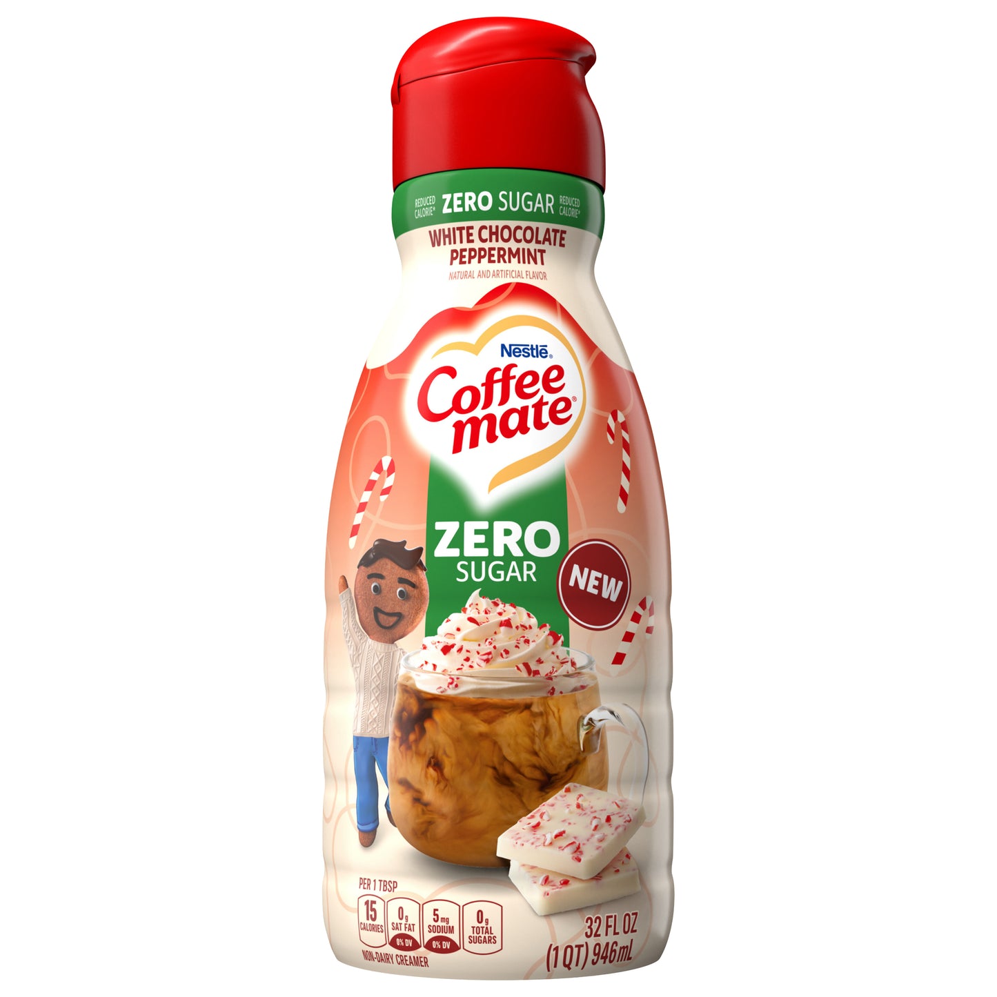 Coffee Mate® White Chocolate Peppermint Flavored Creamer, Zero Added Sugar, Gluten-Free, 63 Servings, 32 fl oz
