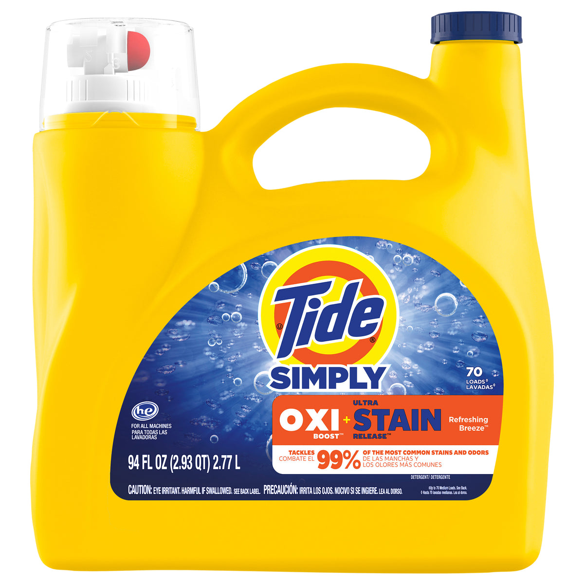 Tide Simply Oxi Boost + Ultra Stain Release, 94 fl oz, 70 Loads, Tough on Stains, Whitens, Brightens, Refreshing Breeze Scent