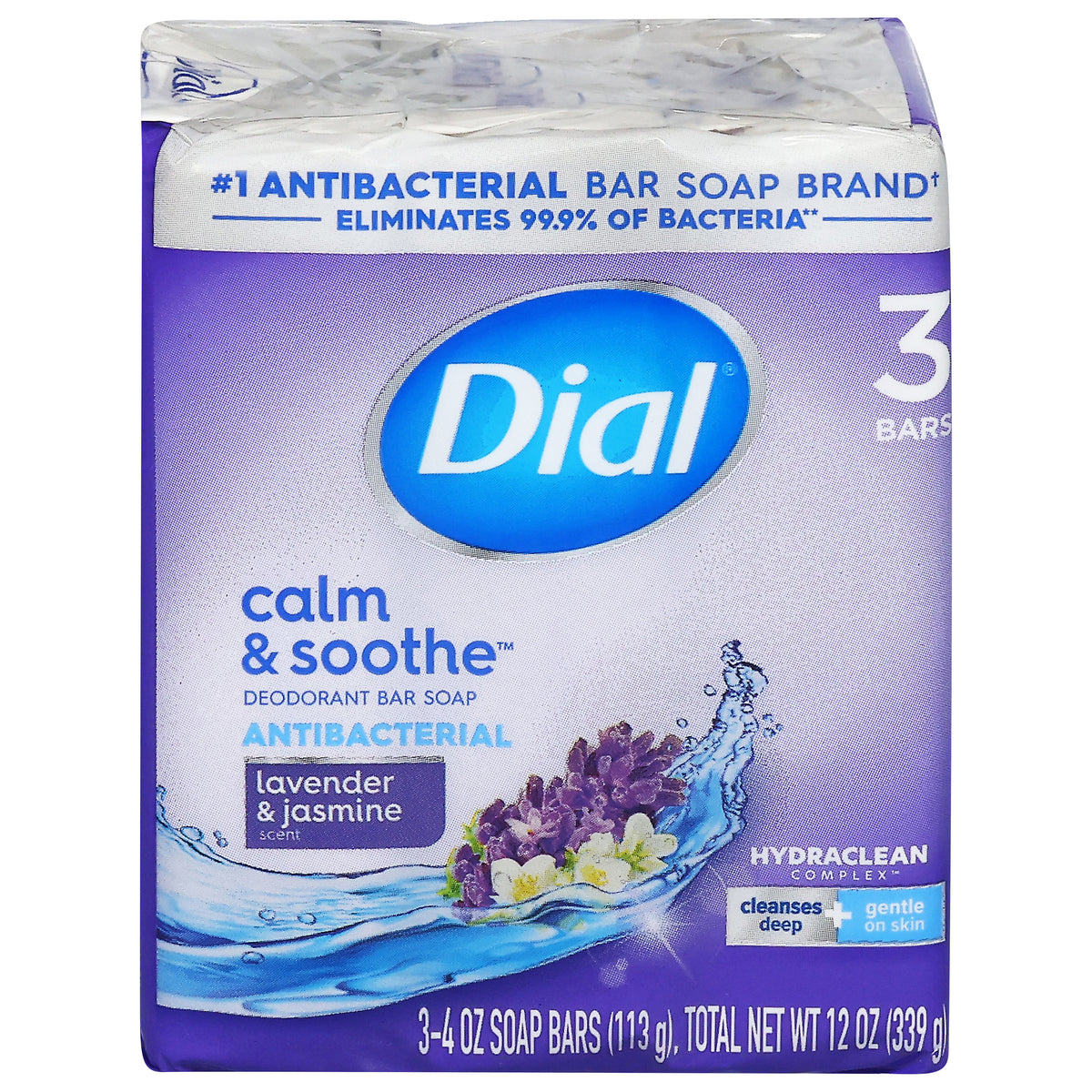 Dial Calm & Soothe Antibacterial Deodorant Lavender & Jasmine Scent Bar Soap 3 - 4 oz Each