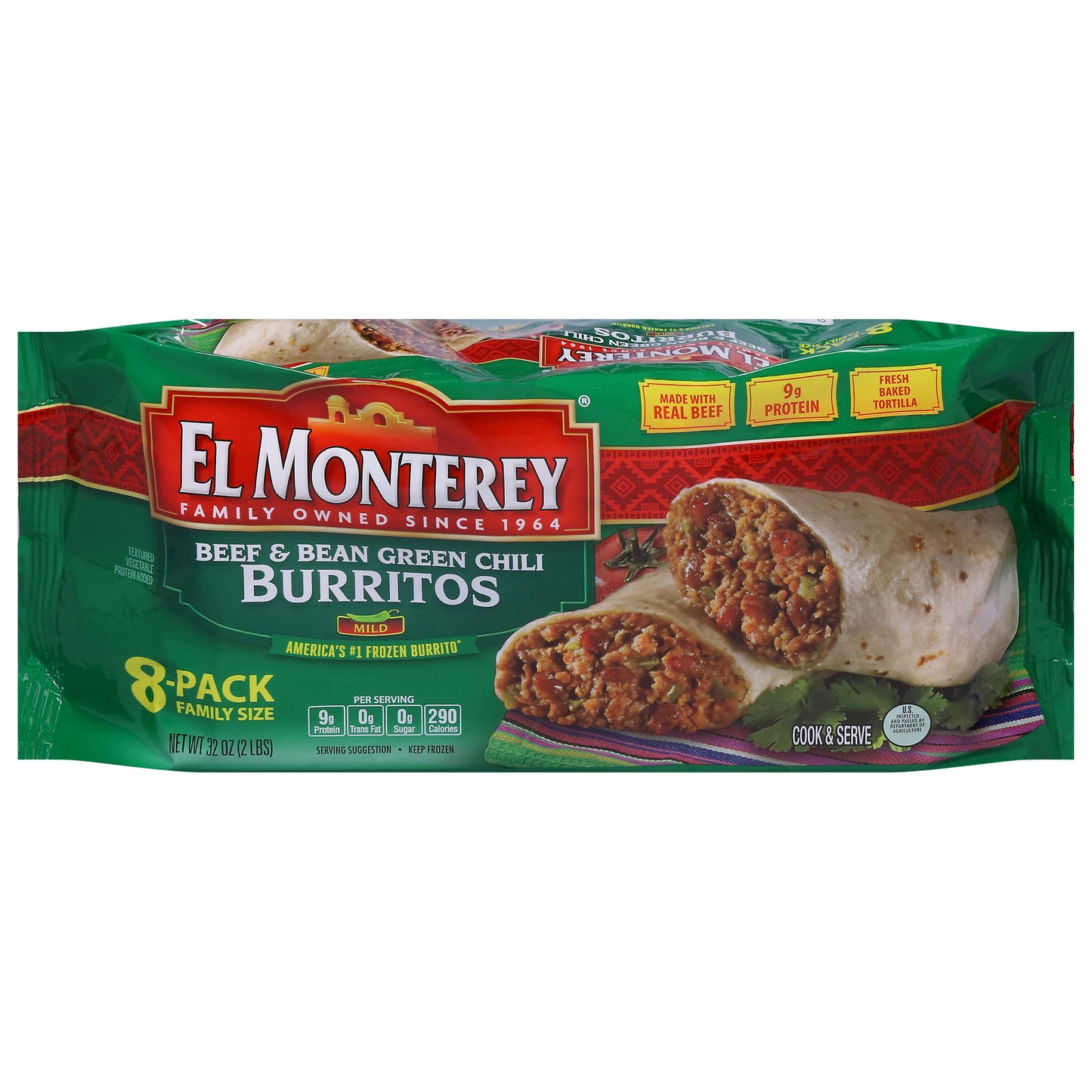 El Monterey Mild Beef & Bean Green Chili Burritos 8-Pack Family Size 8 ea