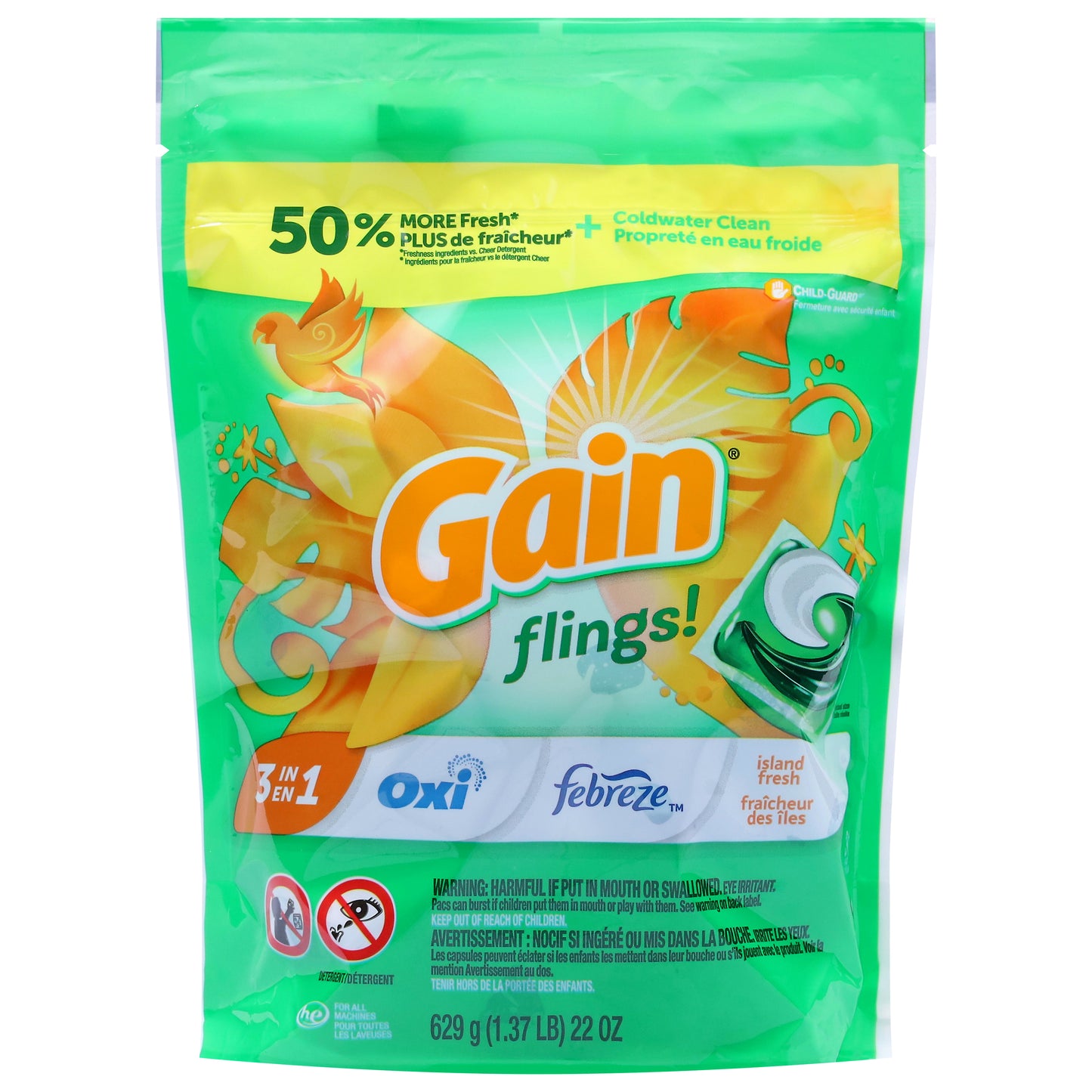 Gain Flings! Pacs 3 in 1 Island Fresh Detergent 31 ea