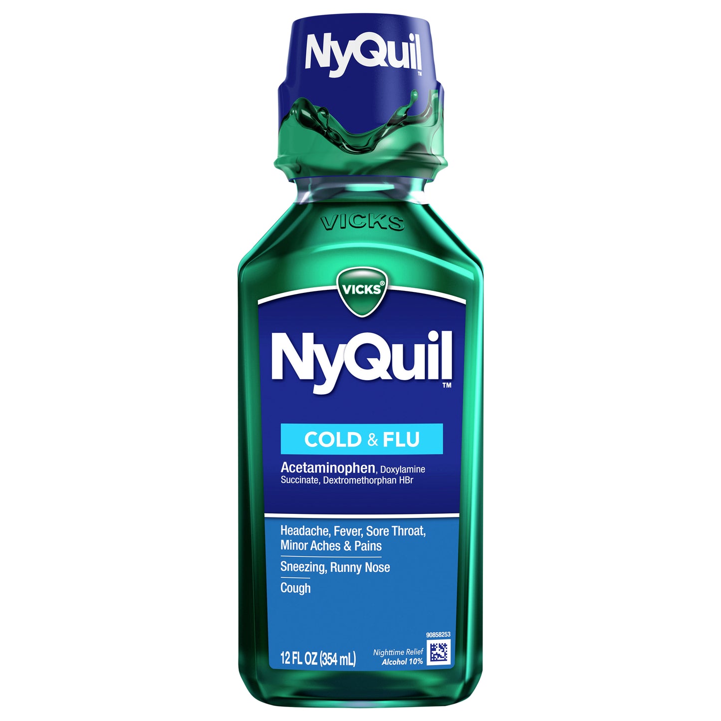Vicks NyQuil Cold & Flu Relief Liquid Over-the-Counter Medicine, Powerful Multi-Symptom Nighttime Relief for Headache, Fever, Sore Throat, Minor Aches and Pains, Sneezing, Runny Nose, and Cough, 12 FL OZ