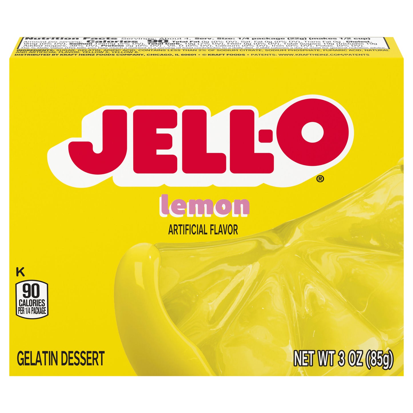 Jell-O Lemon Artificially Flavored Gelatin Dessert Mix, 3 oz Box