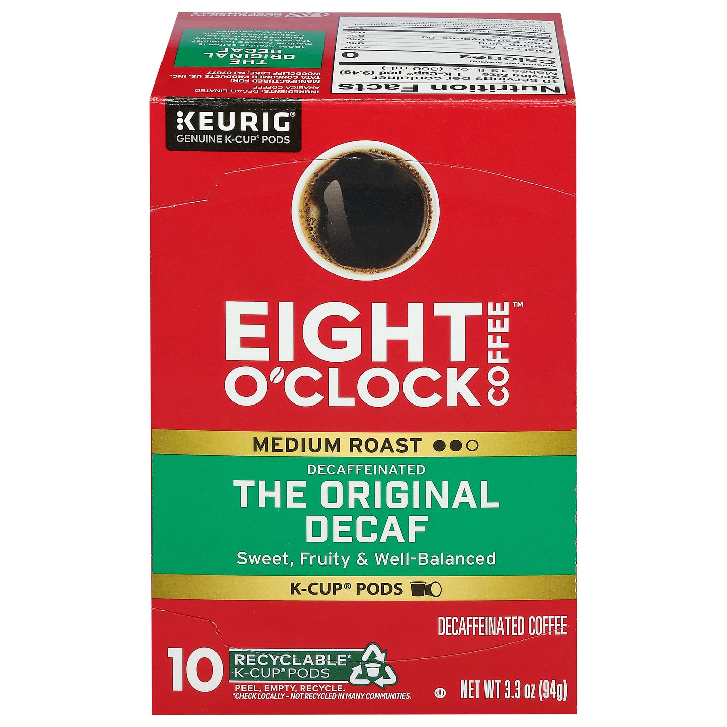 Eight O'Clock Coffee Decaffeinated Medium Roast The Original Coffee 10 K-Cup Pods