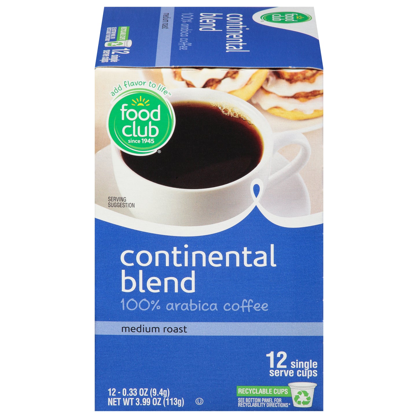 Food Club Single Serve Cups Medium Roast 100% Arabica Continental Blend Coffee 12 ea