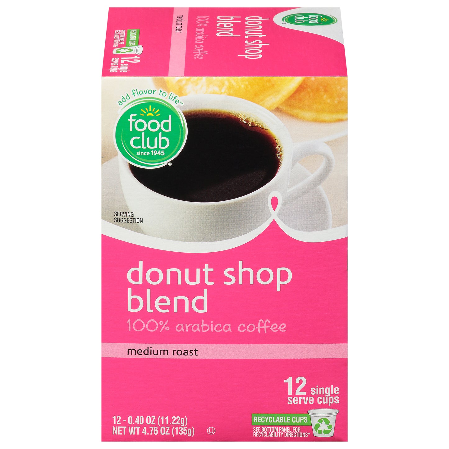 Food Club Single Serve Cups Medium Roast Donut Shop Blend Coffee 12 ea