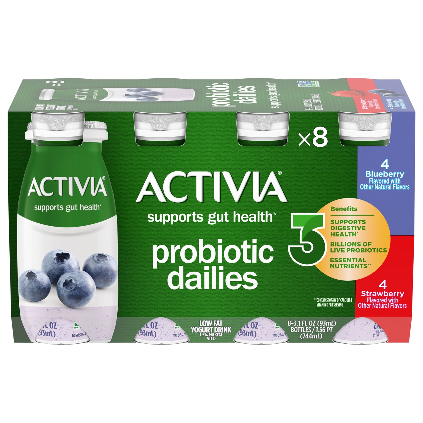 Activia Probiotic Dailies Strawberry and Blueberry Lowfat, Probiotic Yogurt Drinks Variety Pack, 3.1 FL OZ, 8 Ct