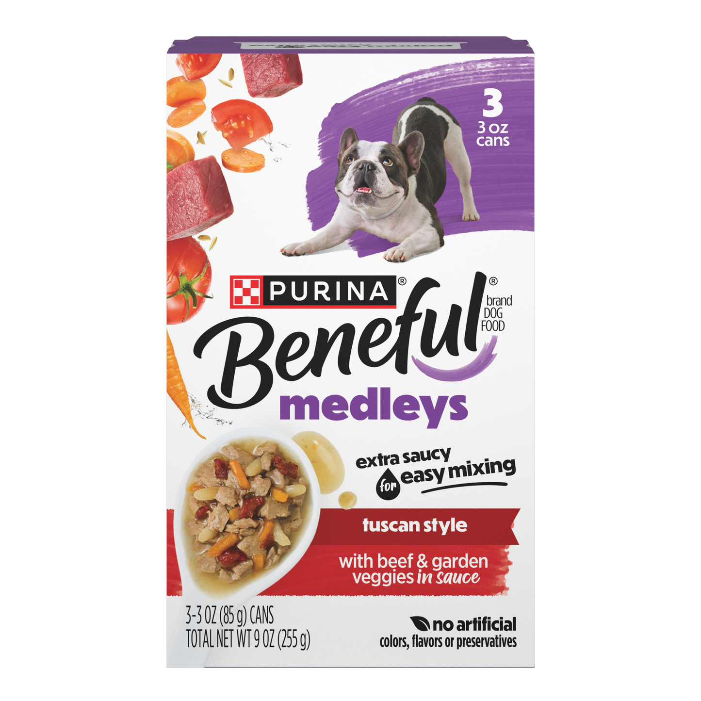 Purina Beneful Medleys Tuscan Style Wet Dog Food with Beef, Carrots, Tomatoes, and Rice in Dog Gravy, 3 Pack - (3) 3 oz. Cans