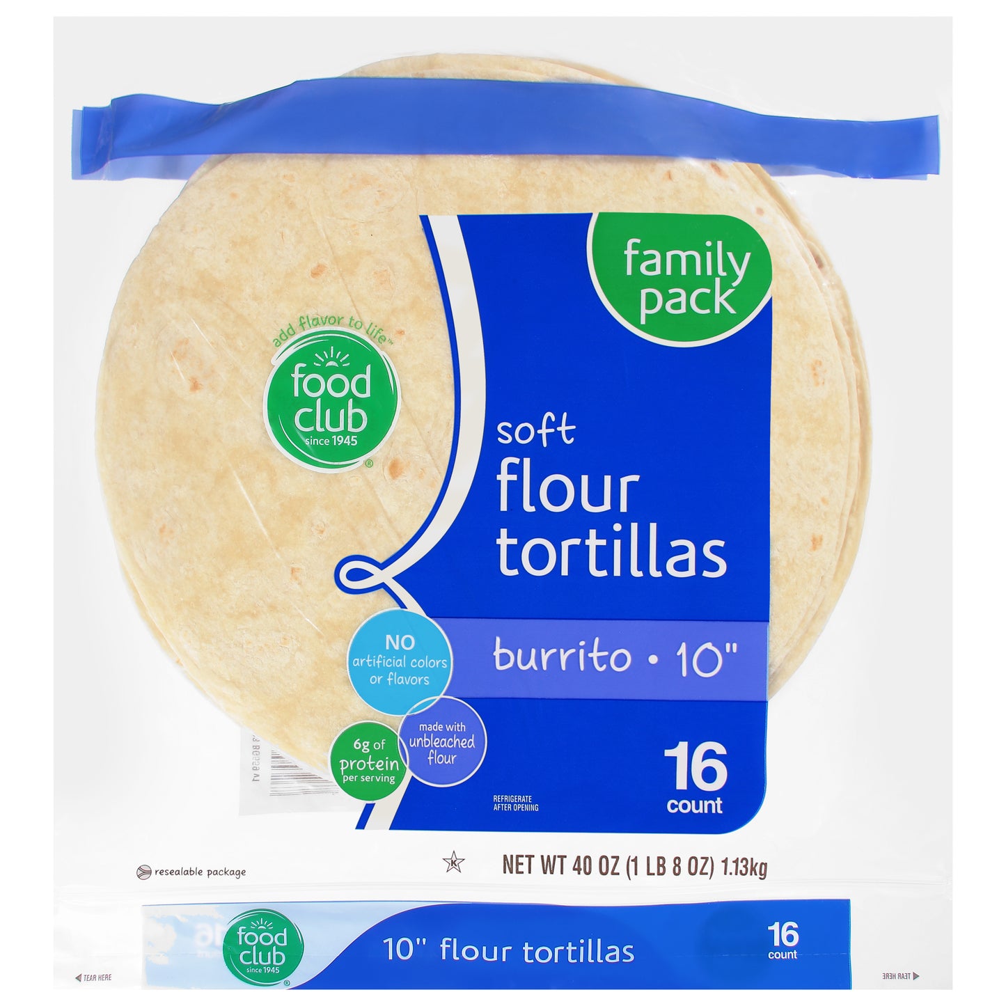 Food Club 10 Inch Soft Burrito Flour Tortillas Family Pack 16 ea