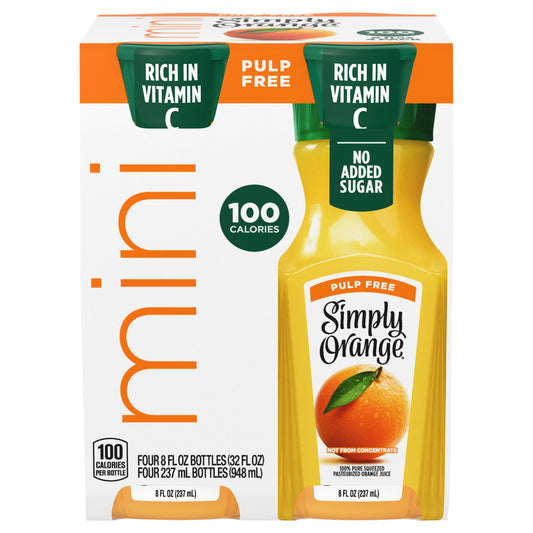 Simply Orange Pulp Free Juice Bottles, 8 fl oz, 4 Pack