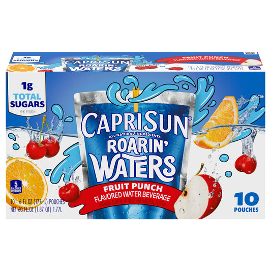 Capri Sun Roarin' Waters Fruit Punch Flavored with other natural flavor Water Beverage, 10 ct Box, 6 fl oz Drink Pouches