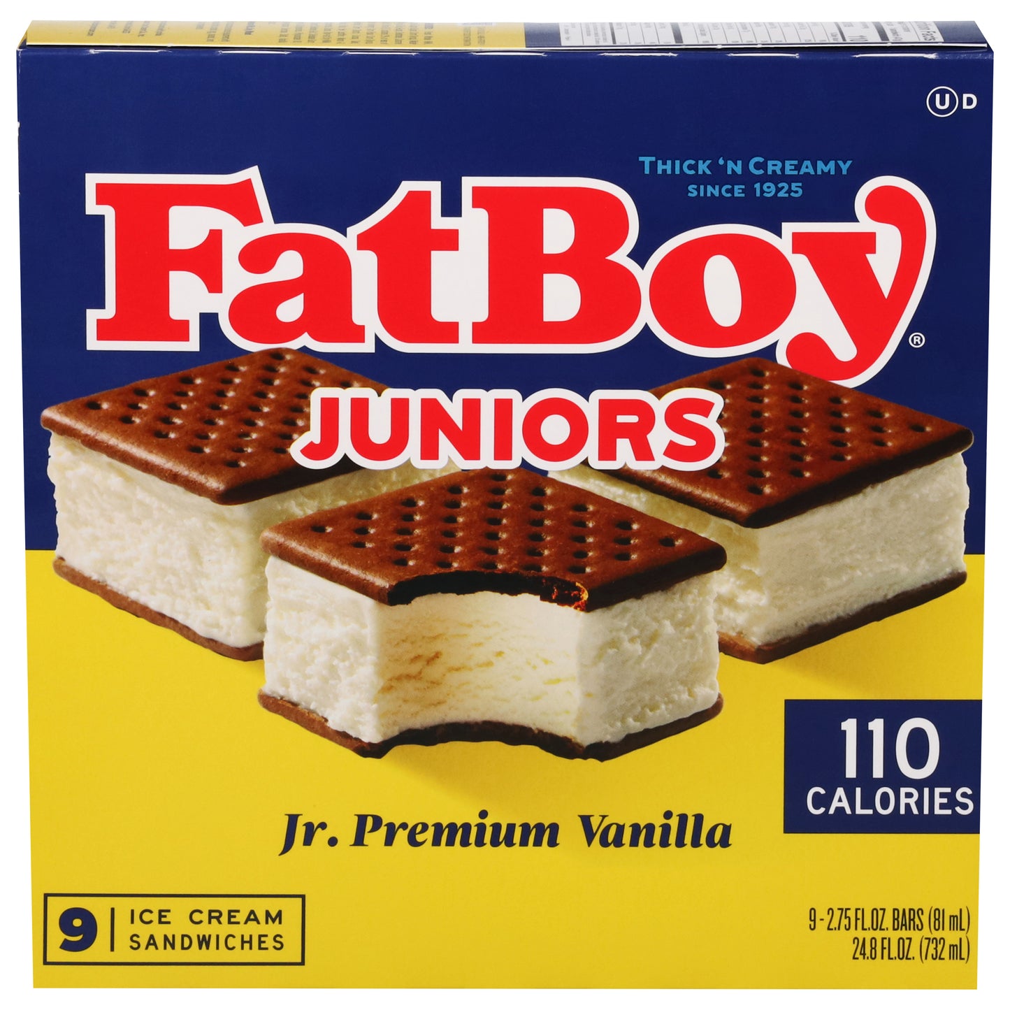 FatBoy Juniors Jr. Premium Vanilla Ice Cream Sandwiches 9 - 2.75 fl oz Bars