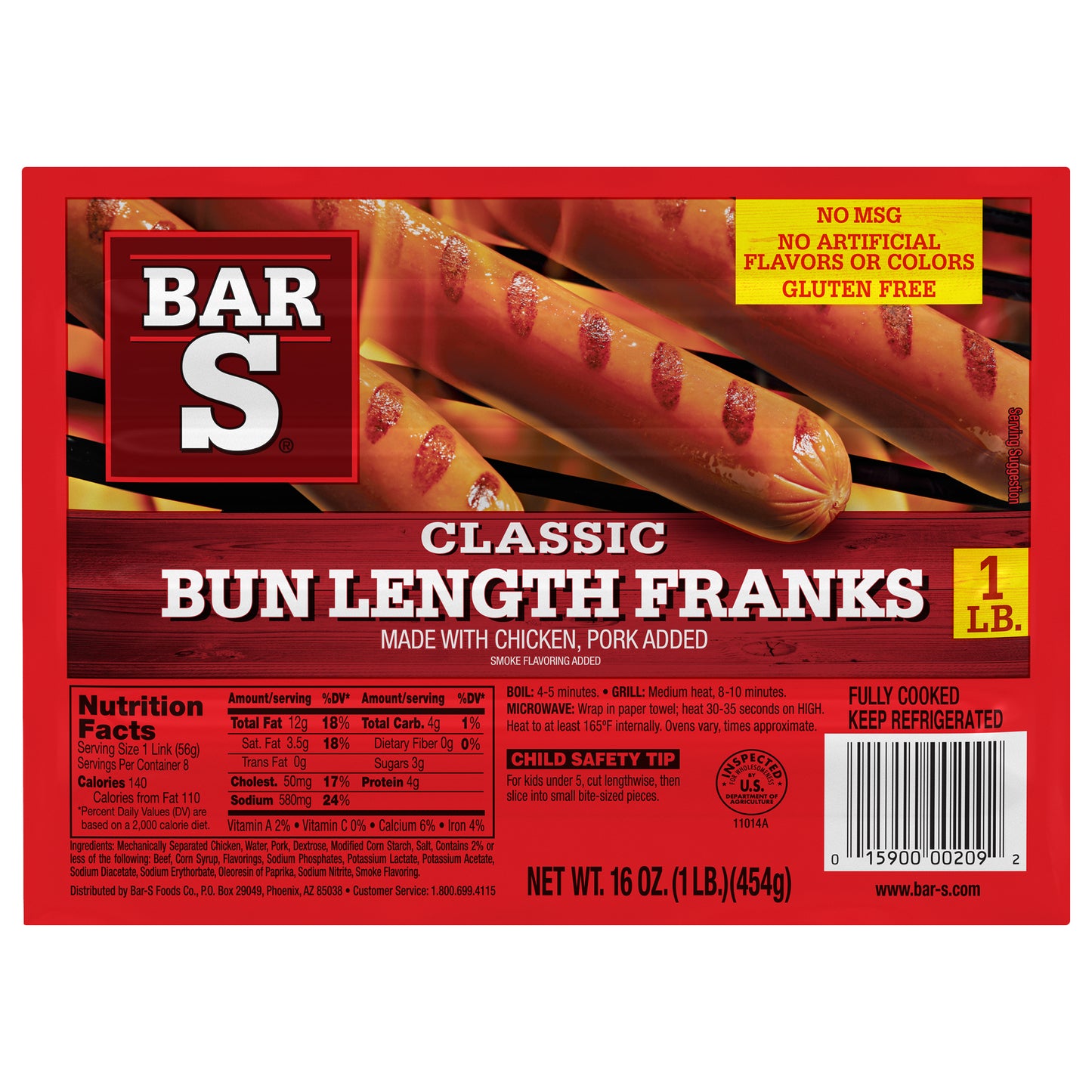Bar-S Classic Bun Length Franks Hot Dog, 8 Franks Per Package, 1 Pound Pack