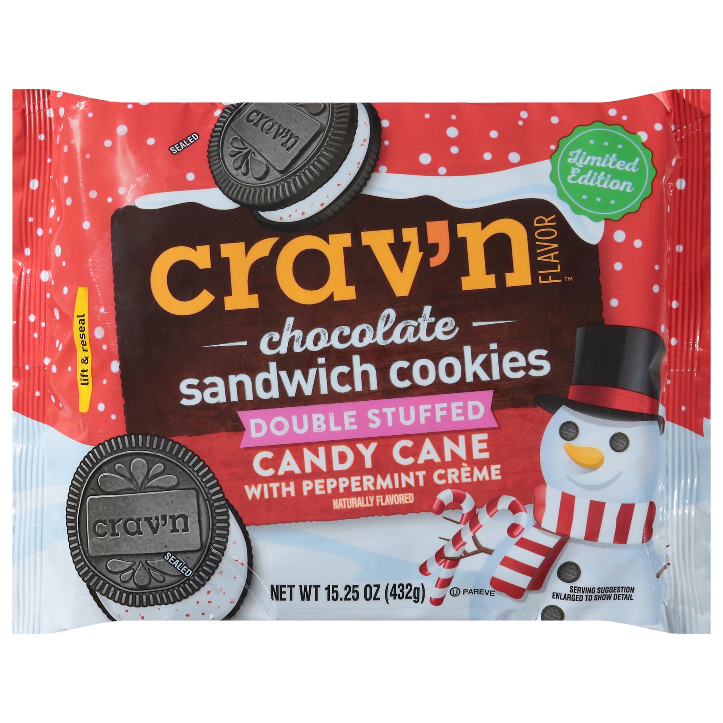 Crav'n Flavor Double Stuffed Candy Cane Sandwich Cookies with Peppermint Creme 15.25 oz