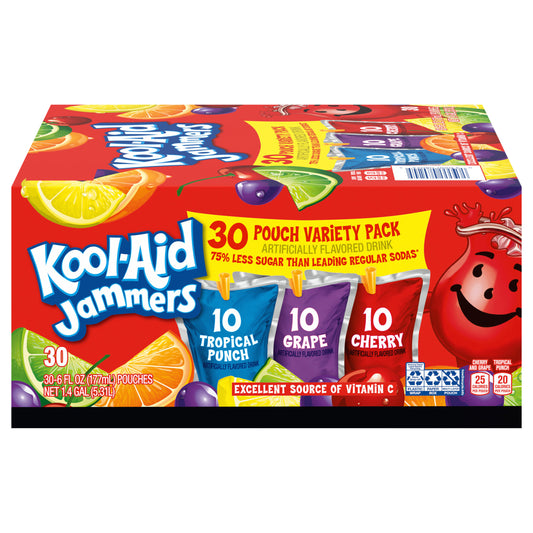 Kool-Aid Jammers Tropical Punch, Grape & Cherry Flavored 0% Juice Drink Variety Pack, 30 ct Box, 6 fl oz Pouches