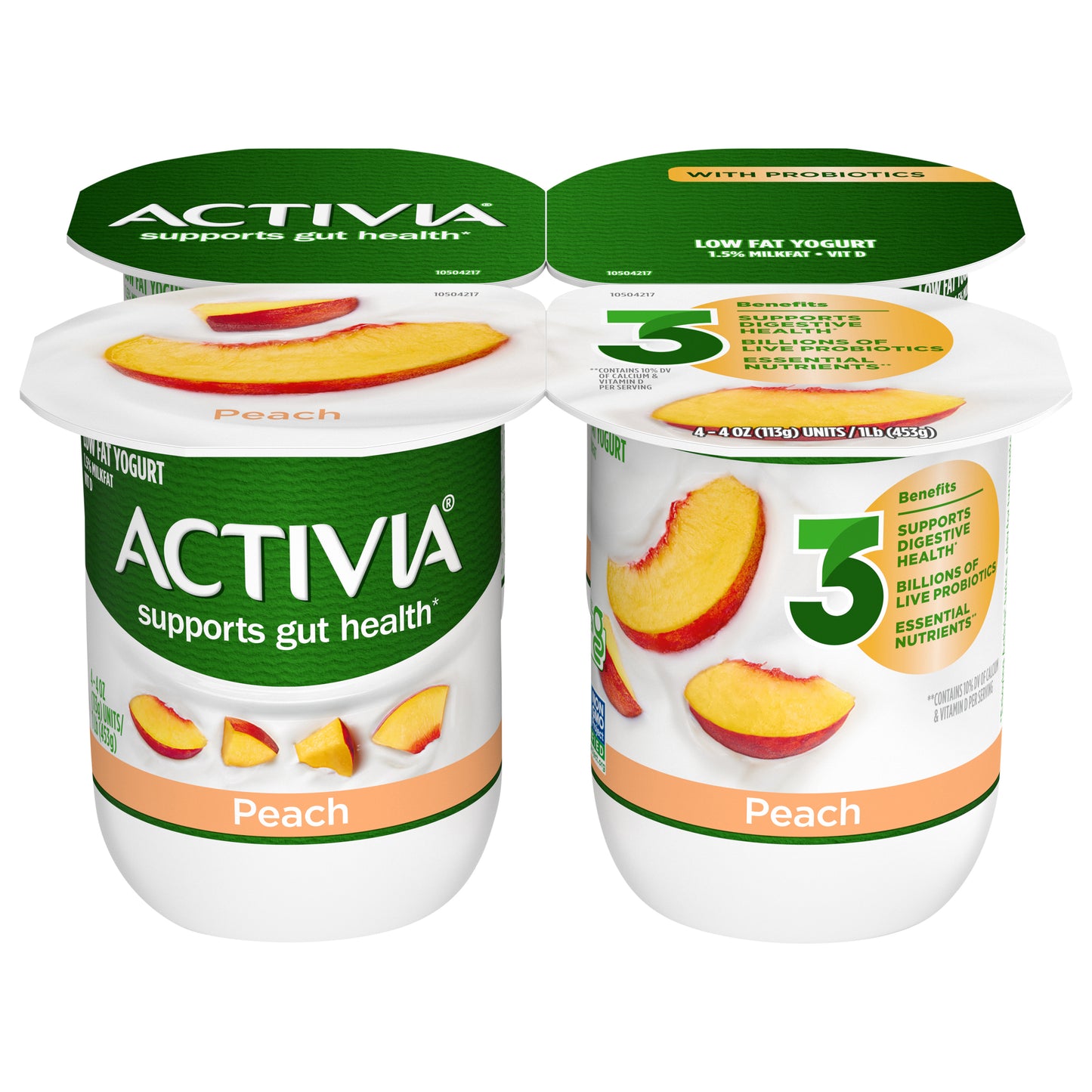 Activia Peach Probiotic Yogurt, Lowfat Yogurt Cups, 4 oz, 4 ct