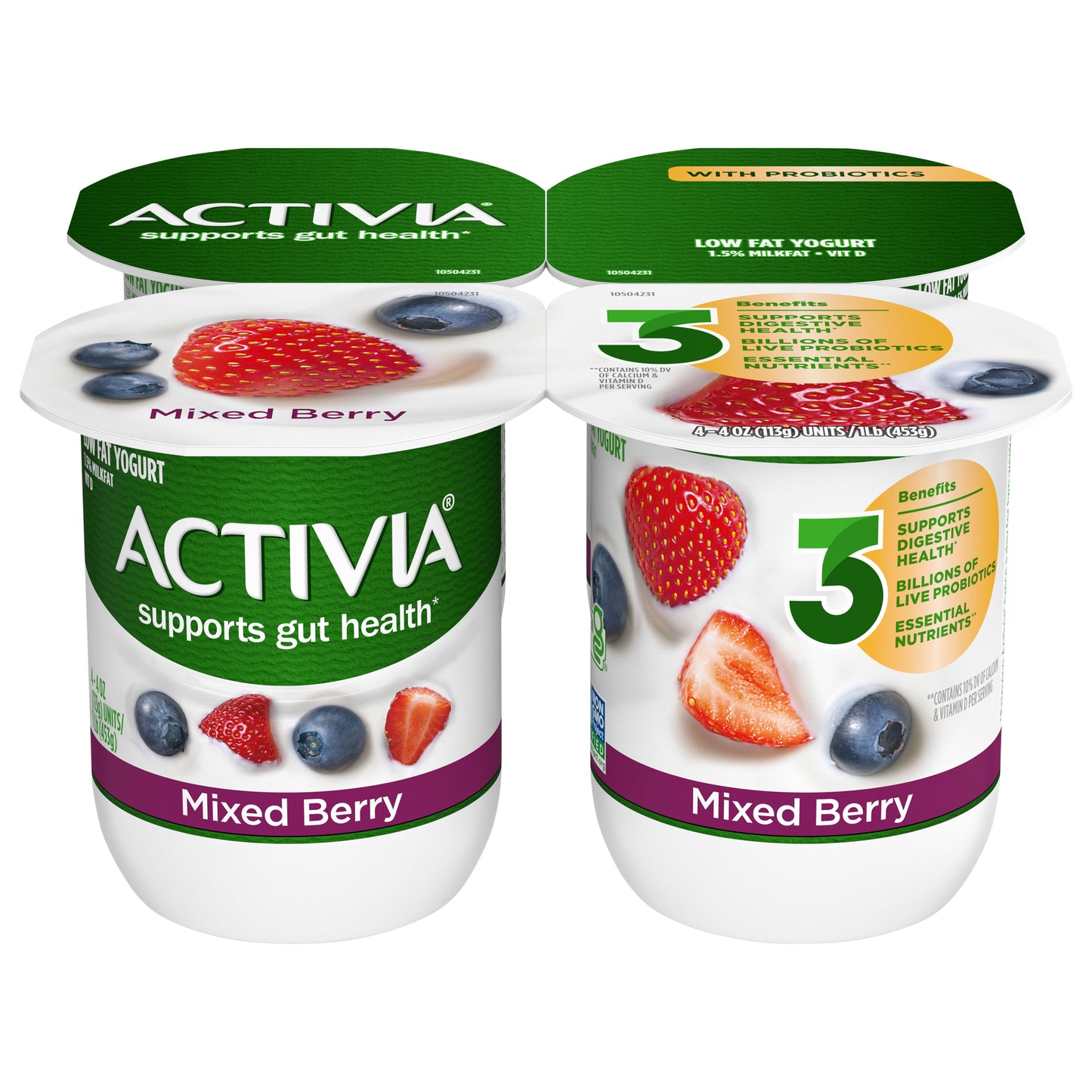 Activia Mixed Berry Probiotic Yogurt, Lowfat Yogurt Cups, 4 OZ, 4 Ct