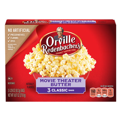 Orville Redenbacher's Movie Theater Butter Microwave Popcorn, 3.29 Ounce Classic Bag, 3-Count