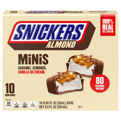 SNICKERS Ice Cream Minis, Milk Chocolatey, Caramel, Almond and Vanilla Ice Cream Bars, 10 Pack, 9.5 Oz