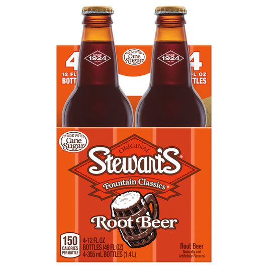Stewart's Root Beer Made with Sugar, 12 fl oz glass bottles, 4 pack