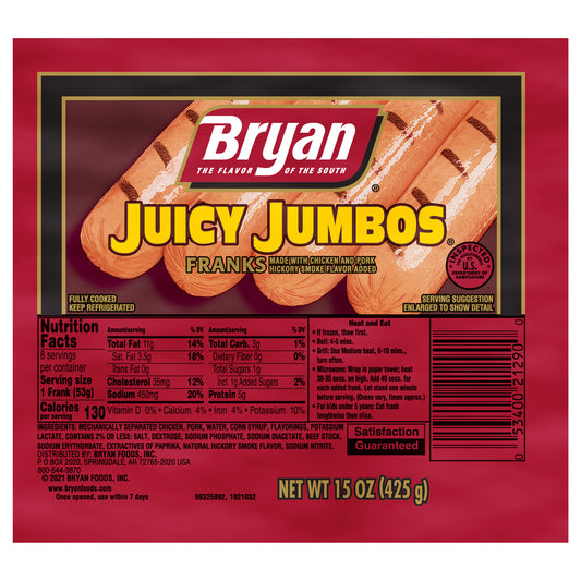 Bryan® Juicy Jumbos® Hot Dogs, 8 Count