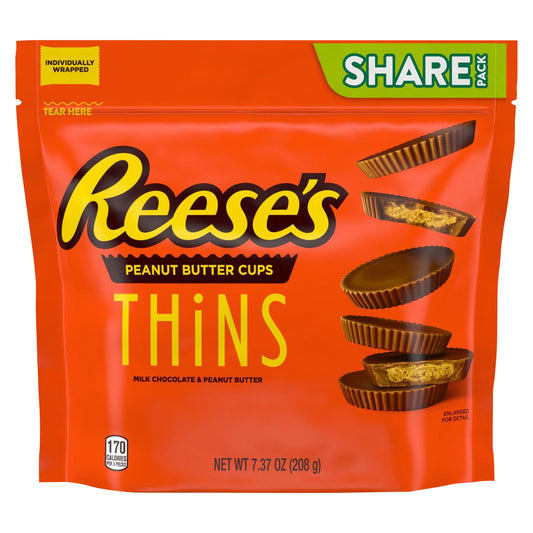 REESE'S THiNS Milk Chocolate Peanut Butter Cups Candy, Individually Wrapped, 7.37 oz, Share Pack