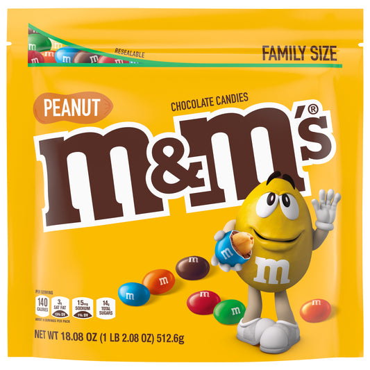 M&M'S Peanut Milk Chocolate Candy, Family Size, 18.08 oz Resealable Bulk Bag