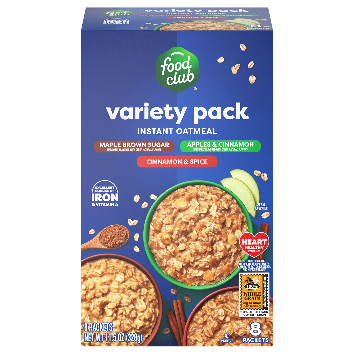 Food Club Maple Brown Sugar/Apples & Cinnamon/Cinnamon & Spice Instant Oatmeal Variety Pack 8 ea