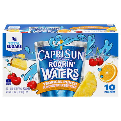 Capri Sun Roarin' Waters Tropical Punch Flavored with other natural flavor Water Beverage, 10 ct Box, 6 fl oz Drink Pouches
