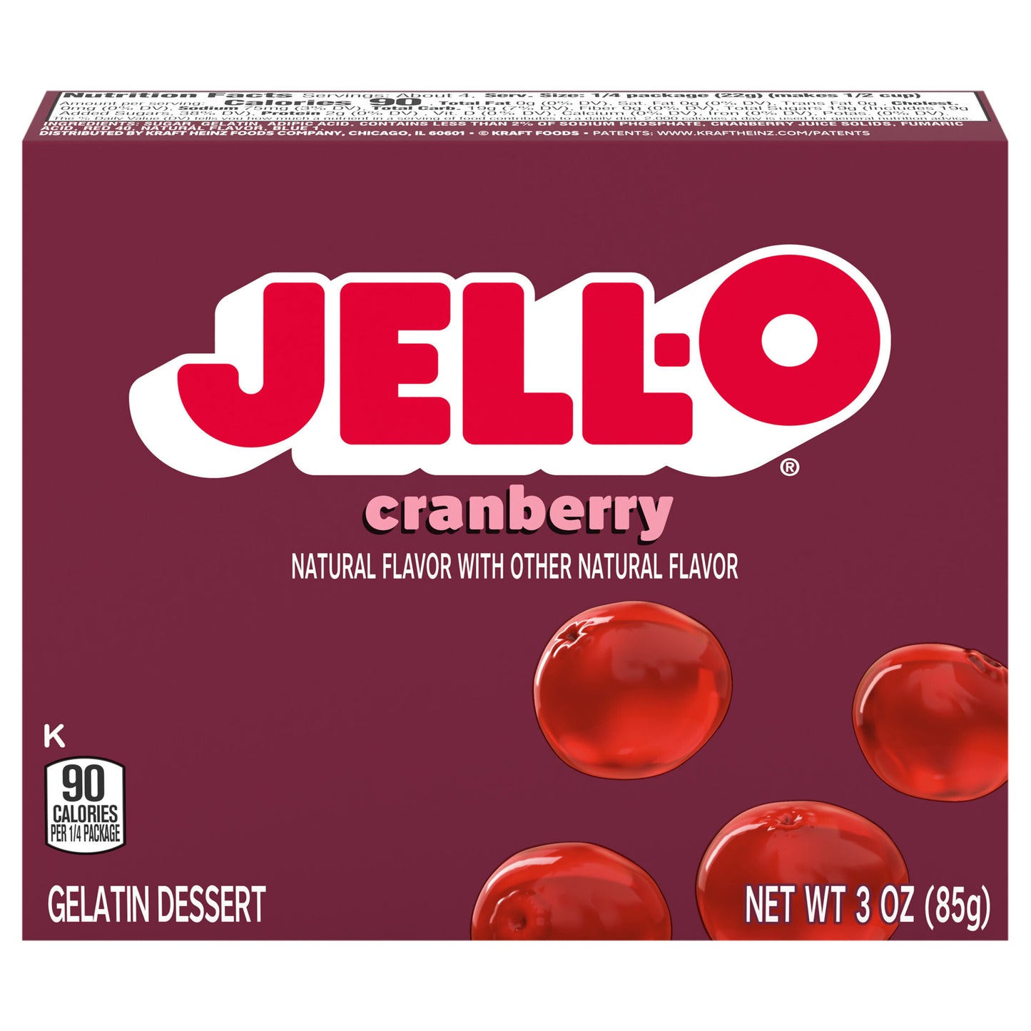 Jell-O Cranberry Artificially Flavored Gelatin Dessert Mix, 3 oz Box