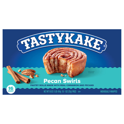 Tastykake Pecan Swirls, 16 Count, 16 Individually Wrapped Cinnamon and Pecan Filled Pastry Rolls