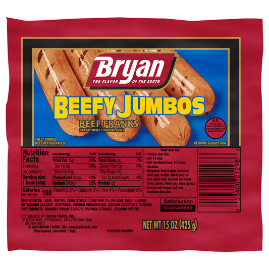 Bryan® Beefy Jumbos® Beef Hot Dogs, 8 Count